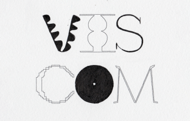 Black and white illustrated text of VIS COM